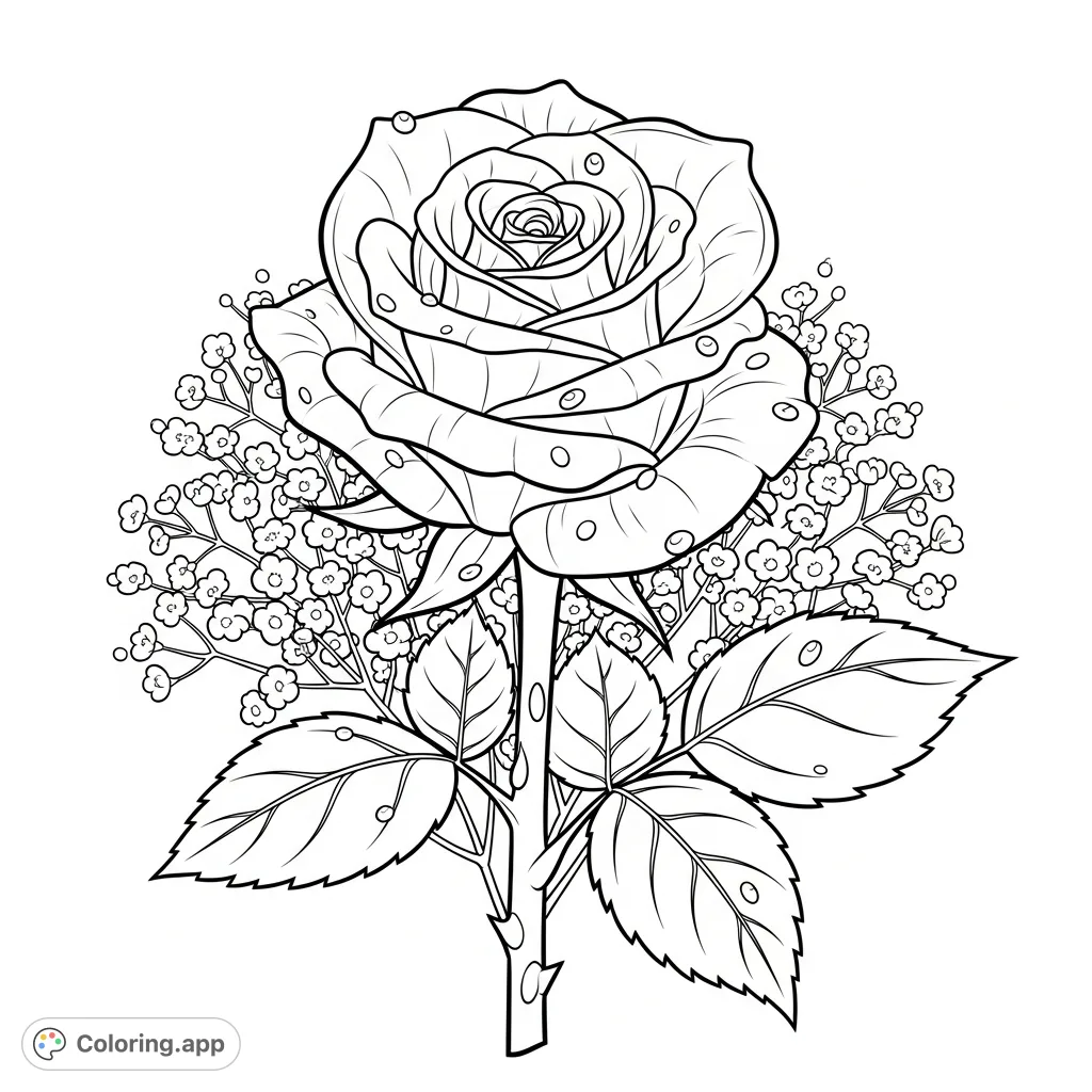 Experience the delicate beauty of an exquisite rose with unfurling petals and shimmering dew drops, framed by airy baby's breath and lush leaves. A challenging floral coloring page.