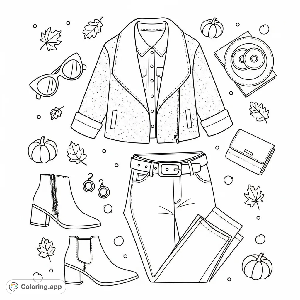 Explore a stylish fashion ensemble flat lay coloring page featuring a jacket, shirt, jeans, boots, and accessories. Perfect for fashion enthusiasts!