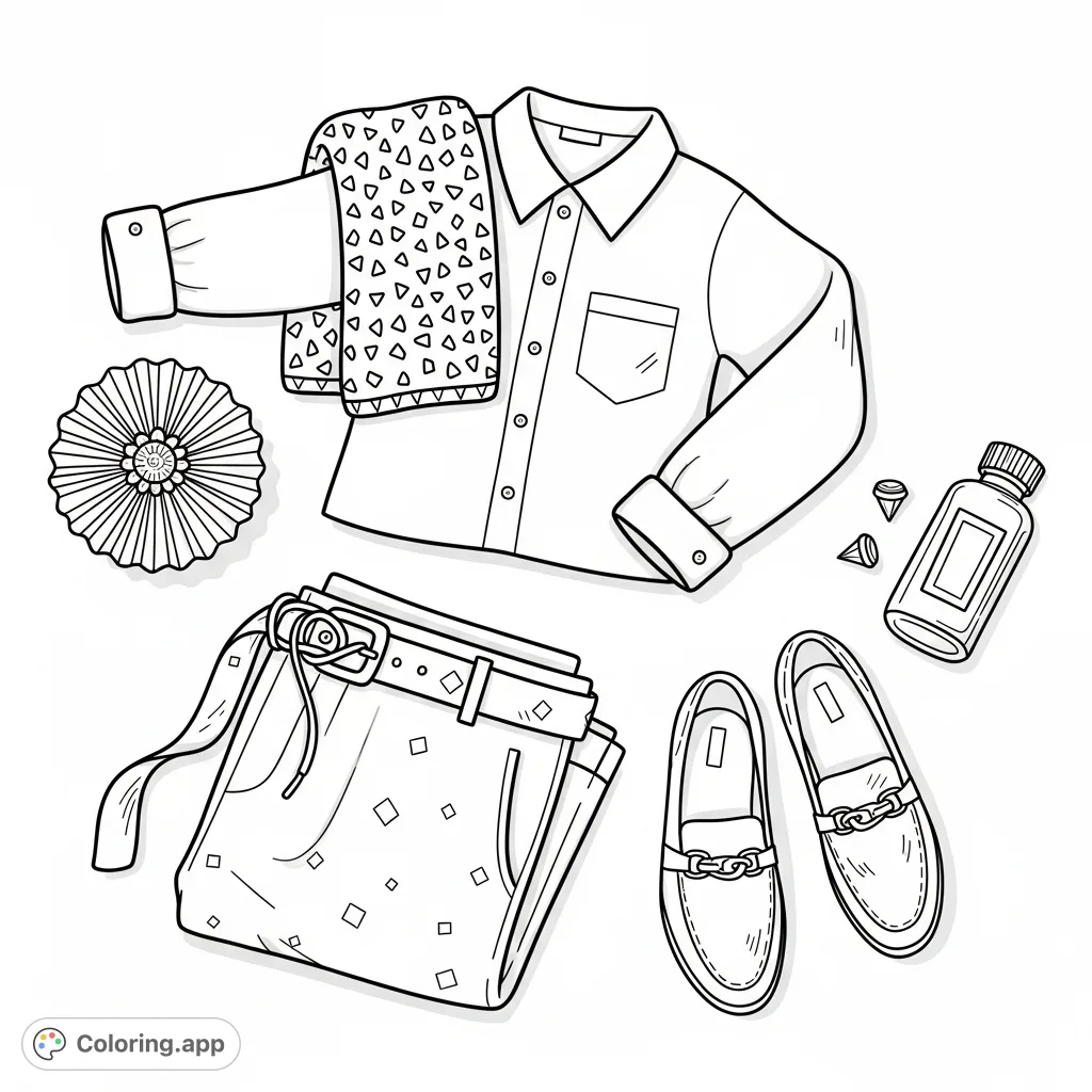 Explore a chic flat lay arrangement featuring a button-up shirt, folded trousers, slip-on shoes, and elegant accessories. Perfect for fashion enthusiasts.