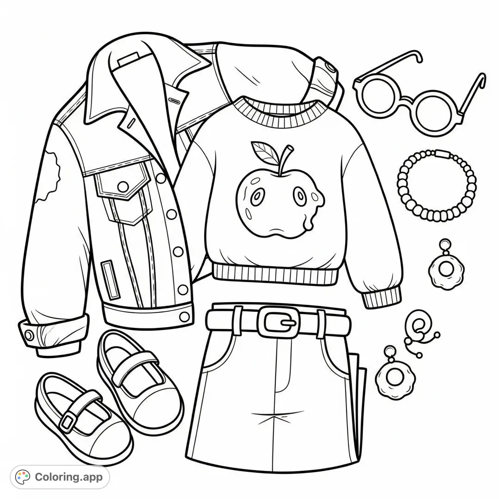 Explore a stylish flat lay coloring page featuring a denim jacket, apple sweater, trousers, shoes, and accessories. Perfect for fashion enthusiasts and creative minds.