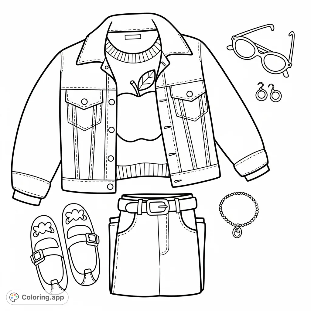 Explore a stylish flat lay coloring page featuring a denim jacket, apple sweater, trousers, shoes, and accessories. Perfect for fashion enthusiasts and creative minds.