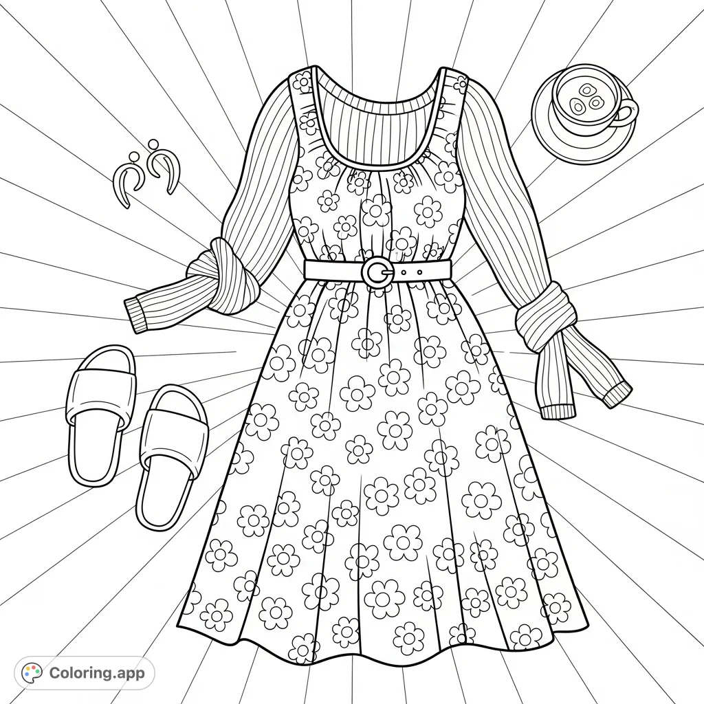 Explore a chic fashion flat lay featuring a patterned dress, knit garment, sandals, and accessories. Perfect for fashion enthusiasts and detailed coloring.