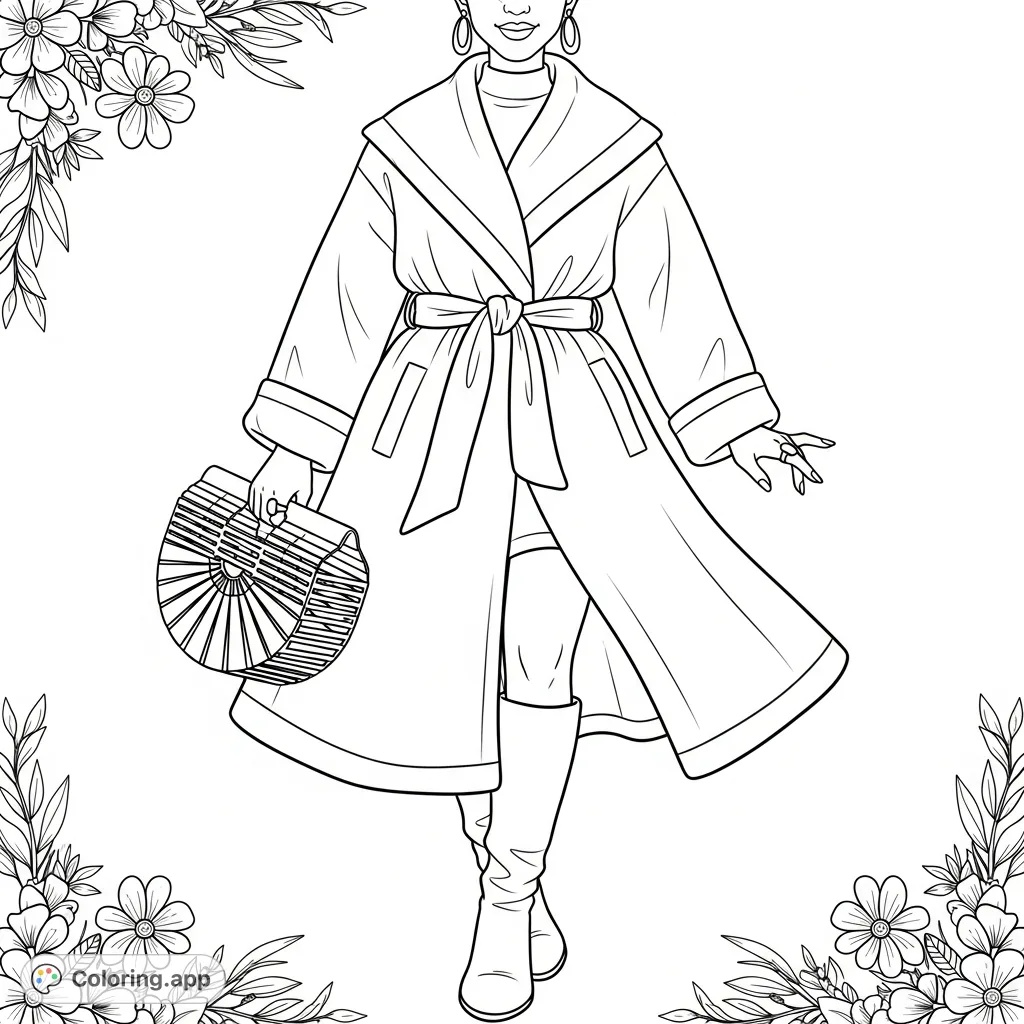Unleash your creativity with this stylish fashion coloring page featuring a person in a dynamic pose, detailed coat, and textured bag. Perfect for all ages.