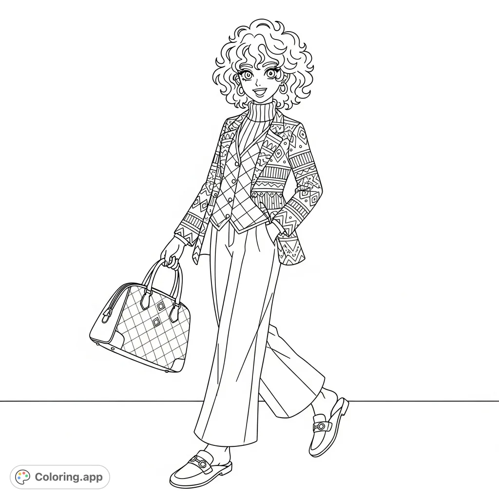 Capture contemporary elegance with a figure in a patterned blazer, quilted vest, and wide-leg trousers, complete with a structured handbag.