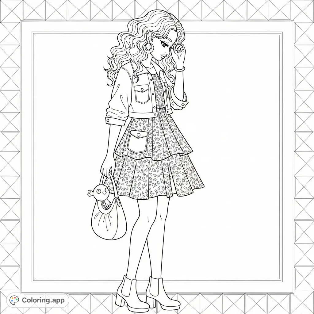 A captivating fashion portrait featuring a young woman in a detailed tiered dress and jacket, set against an intricate geometric frame. Perfect for advanced colorists.