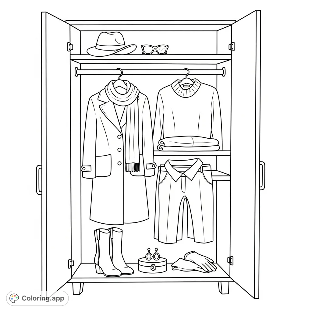 Explore a chic open wardrobe filled with sophisticated apparel and accessories, perfect for fashion enthusiasts to personalize with their favorite hues.