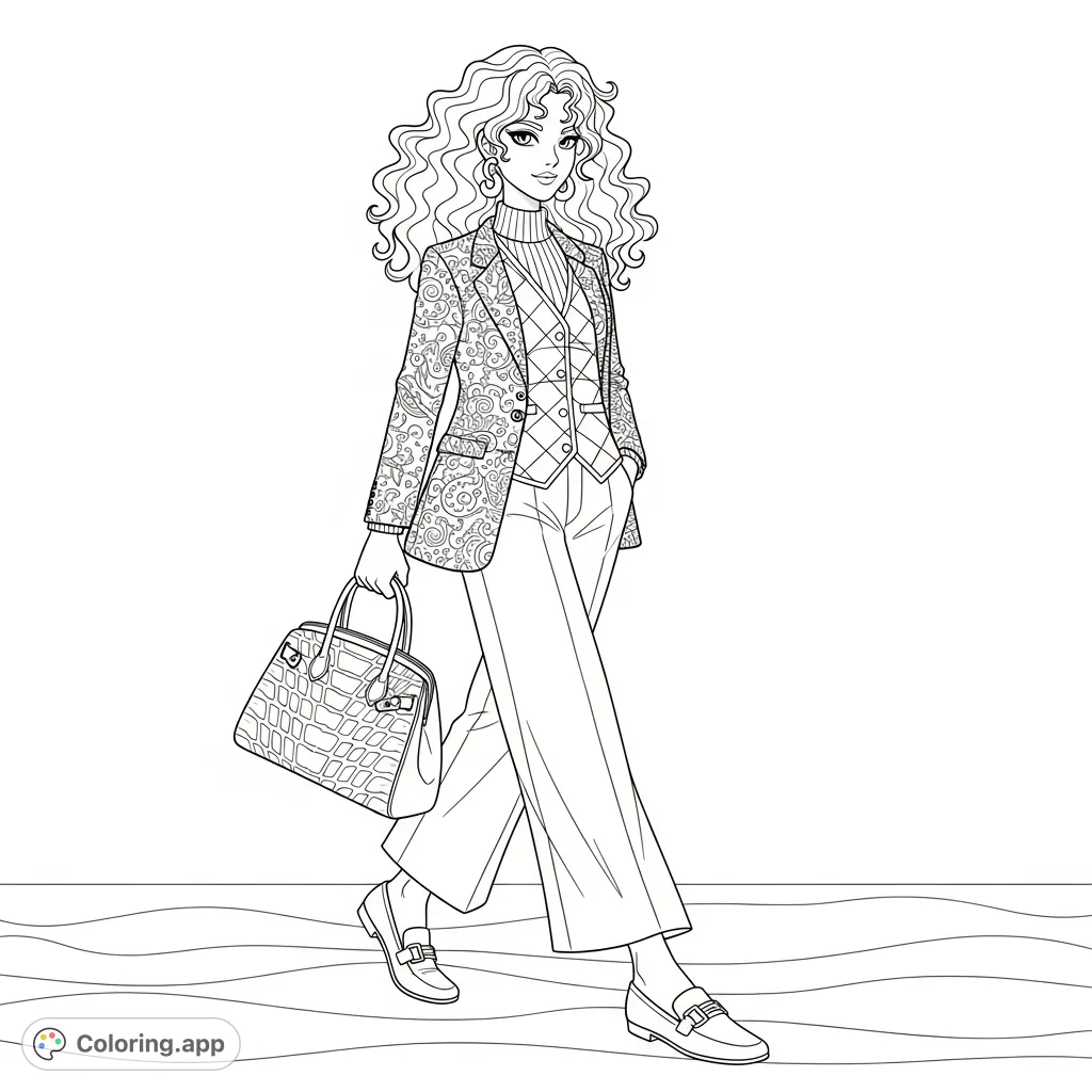 A stylish figure with voluminous curly hair in a dynamic walking pose, featuring a patterned blazer, wide-leg trousers, and a structured handbag. Perfect for fashion enthusiasts.