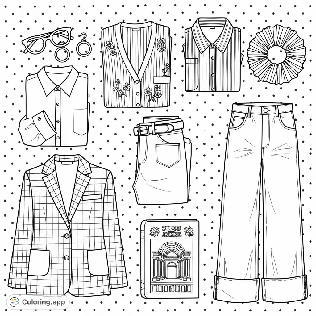 Explore a stylish flat lay arrangement featuring a blazer, jeans, shirts, a cardigan, and chic accessories. Perfect for fashion enthusiasts!