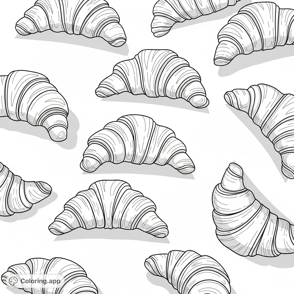 Dive into a delectable pattern of crescent pastries, each showcasing intricate flaky textures and gentle shadows. A delicious design perfect for foodies and detail enthusiasts.