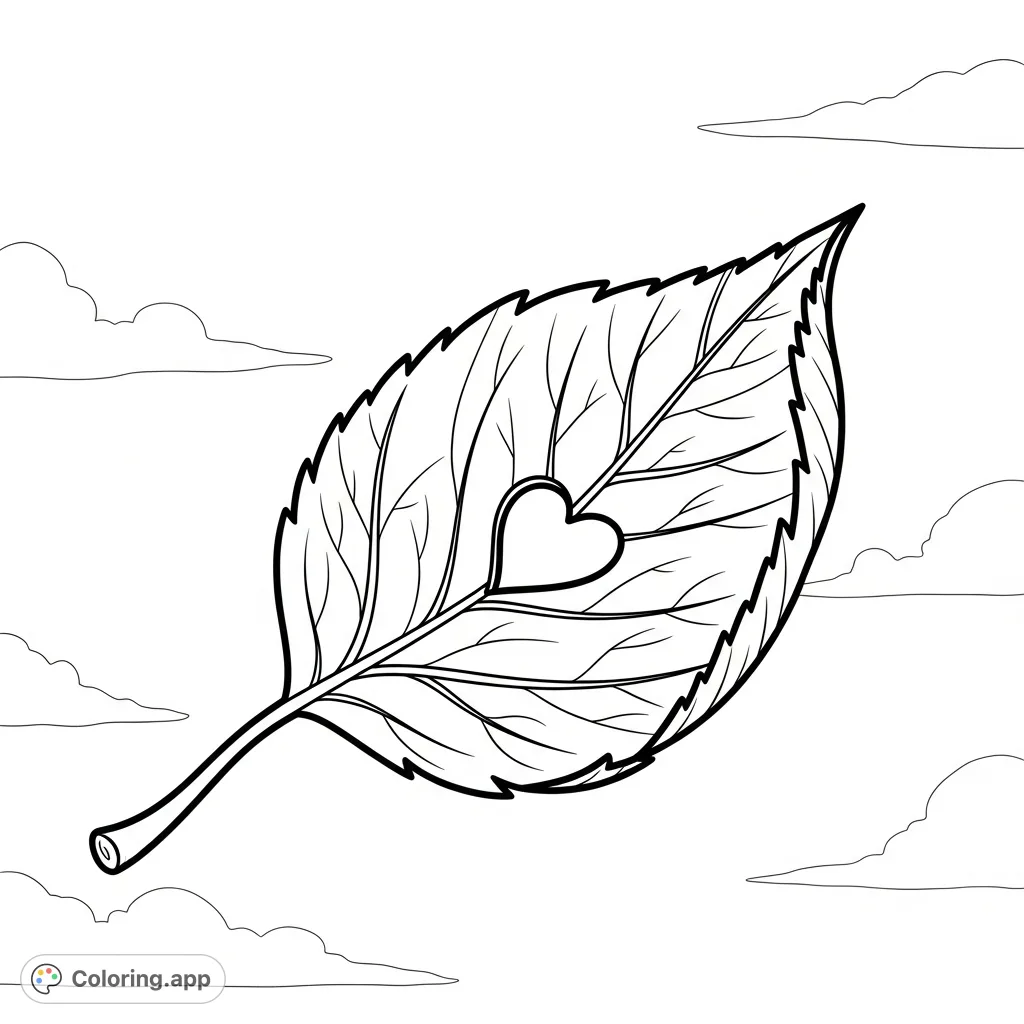 A serene, solitary leaf with a heart-shaped cutout floats gently against an expansive sky. Perfect for nature lovers and a peaceful coloring experience.