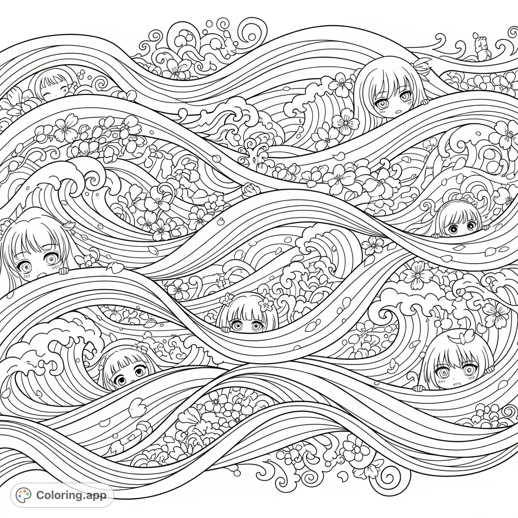Immerse yourself in a serene wave-like composition adorned with delicate cherry blossoms. Smooth, intertwined forms create depth and motion, perfect for a calming coloring experience.
