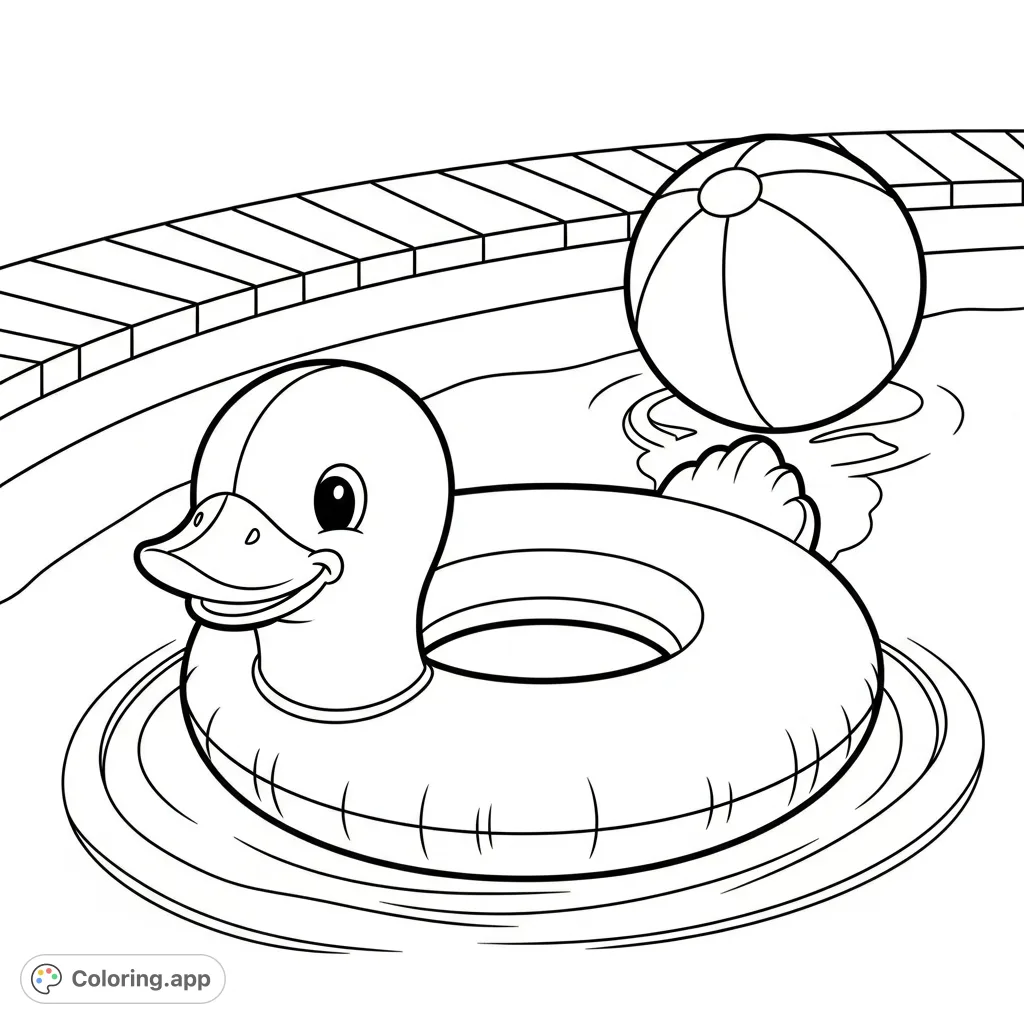 A delightful baby duck swim ring floats peacefully on a pool's surface with expanding ripples. Perfect for a summer-themed coloring adventure!