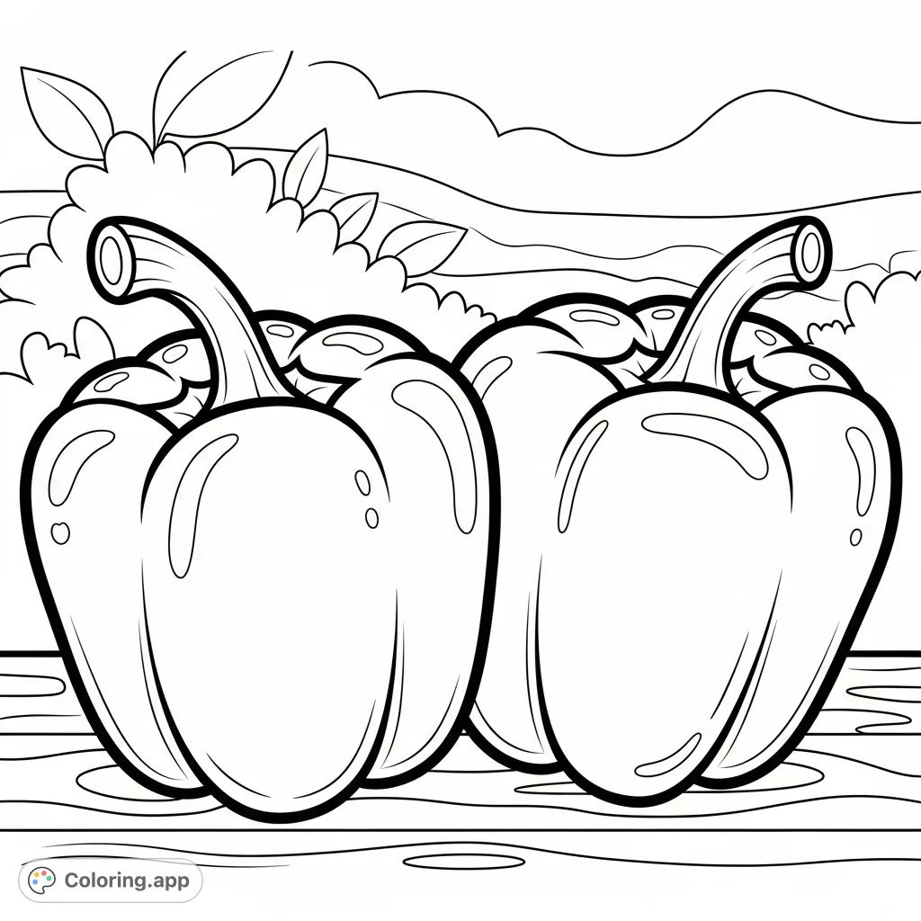 Discover a delightful bell pepper coloring page featuring two peppers on a rustic surface with a garden backdrop. A free printable coloring page perfect for all ages!