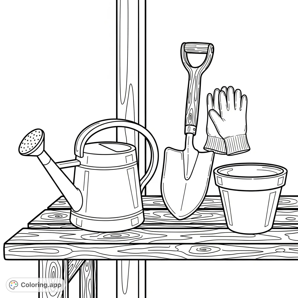 Discover a charming arrangement of garden essentials: a watering can, spade, gloves, and pot, all neatly placed on a rustic wooden bench. A delightful scene for colorists.