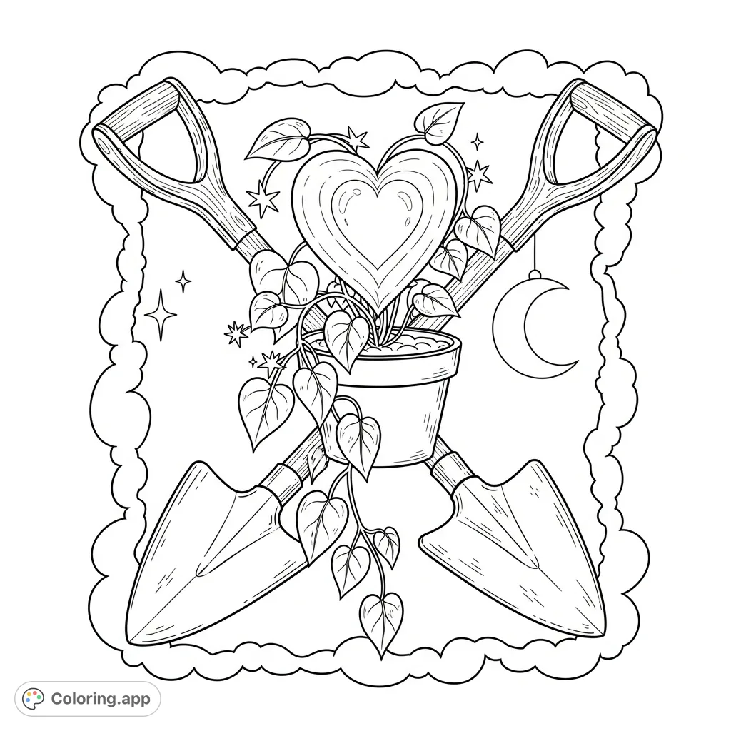 A serene gardening scene features two crisscrossed trowels with worn handles, cradling a beautiful heart-leaf philodendron in a pot, ready for your artistic touch.
