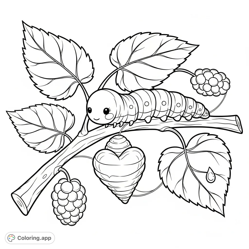 Discover a gentle silkworm spinning a beautiful heart-shaped cocoon on a mulberry branch. A serene nature scene, perfect for peaceful coloring and creative expression.