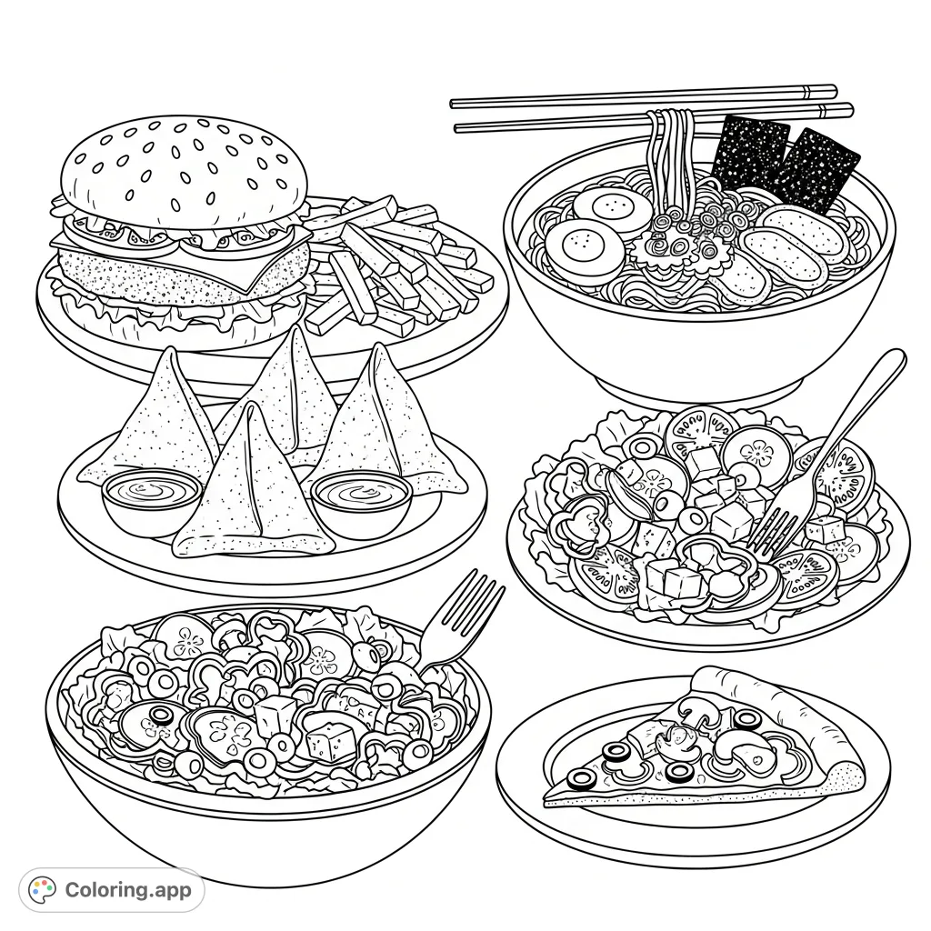 Explore a delightful global feast featuring a juicy burger, ramen, samosas, Greek salad, and veggie pizza. Perfect for foodies and aspiring chefs!