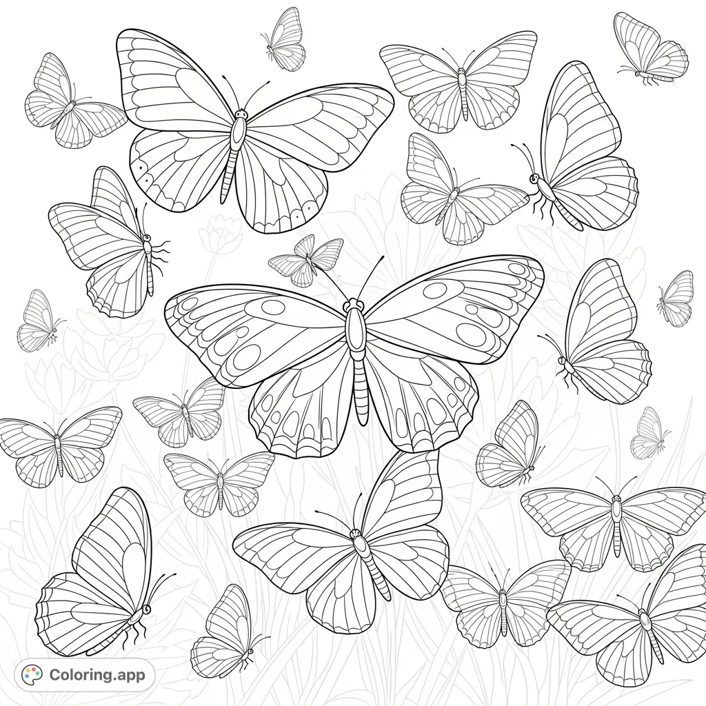 A serene coloring page featuring a multitude of graceful butterflies in various poses and sizes, each with intricate wing patterns, fluttering across a soft, floral field.