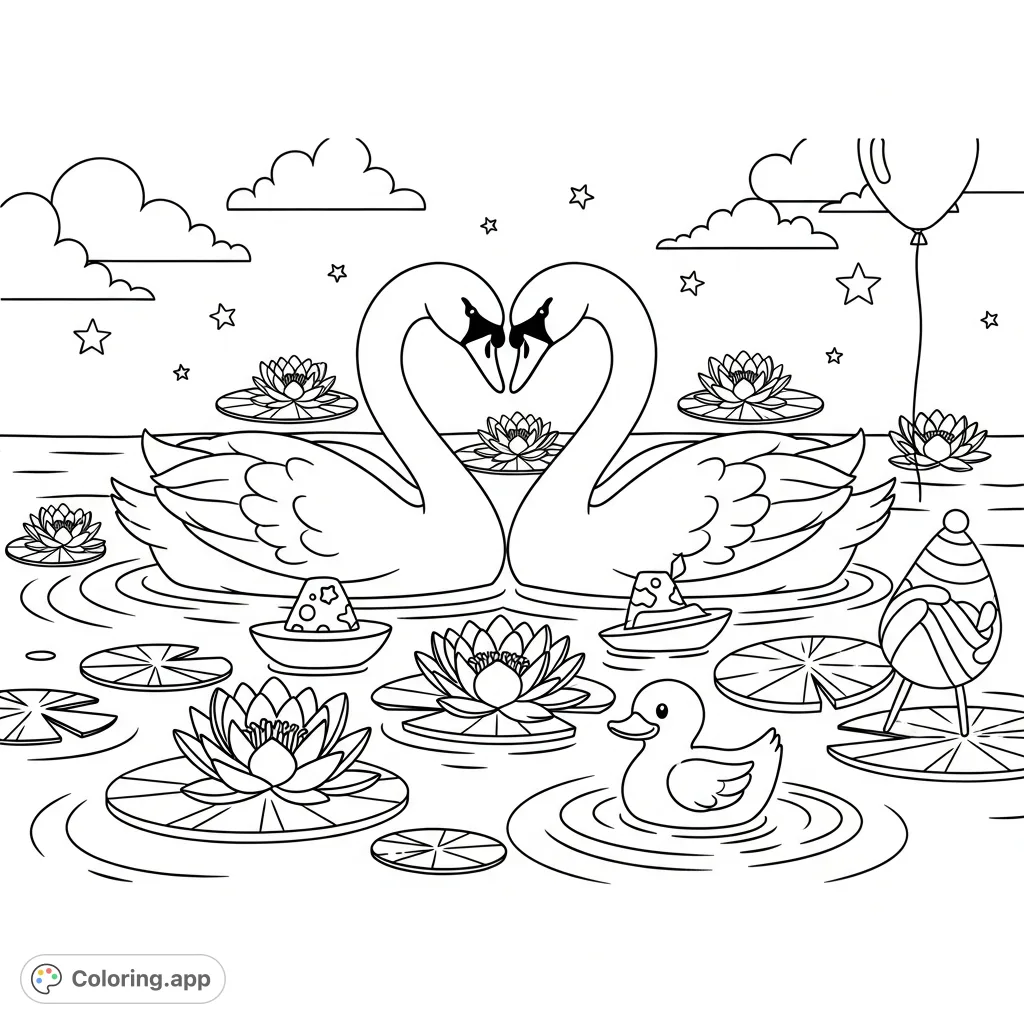 Discover a serene coloring page featuring two graceful swans whose necks intertwine into a heart, gliding peacefully on a pond dotted with water lilies.