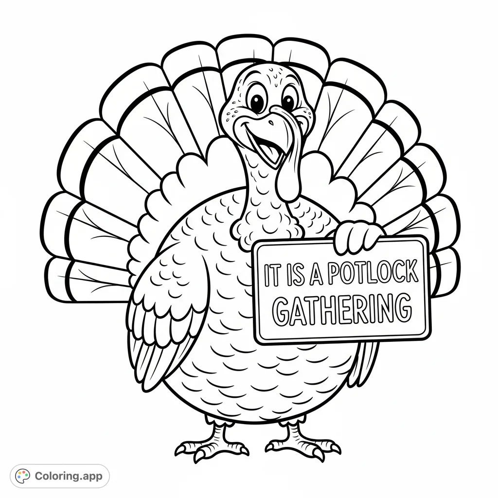 A delightful turkey stands proudly, holding a sign that reads "IT IS A POTLOCK GATHERING." Perfect for festive fall coloring fun!