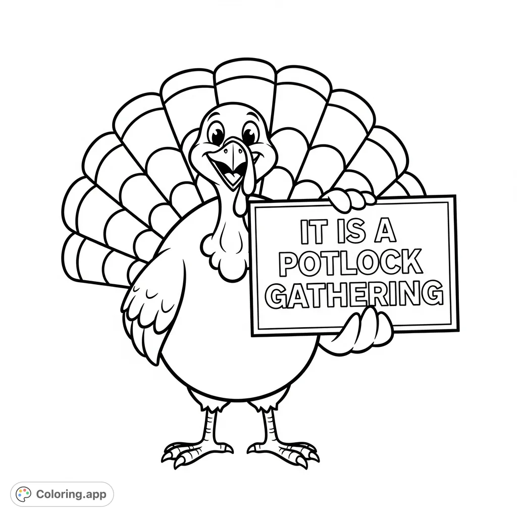 A cute, cheerful turkey stands proudly, holding a sign that reads "IT IS A POTLOCK GATHERING." Perfect for fall and holiday fun!