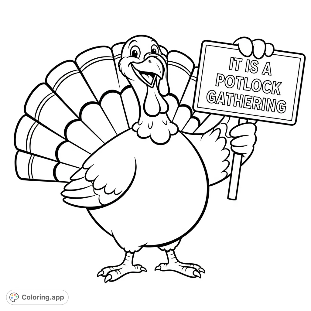 A cheerful turkey holds a sign proclaiming "IT IS A POTLOCK GATHERING". This cute turkey coloring page is perfect for holiday fun and creative expression.