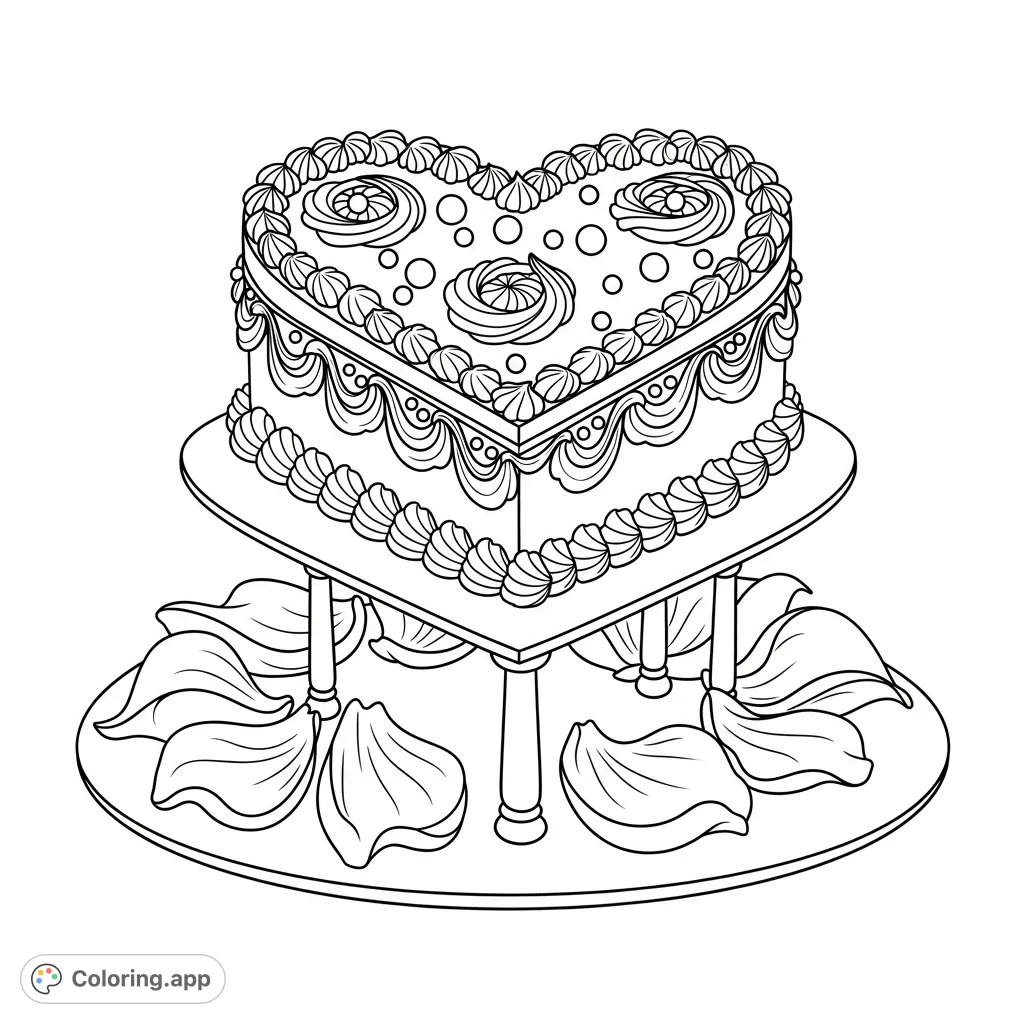A charming heart-shaped cake adorned with frosting swirls and tiny beads, surrounded by delicate rose petals on a stand. Perfect for sweet celebrations and romantic themes.