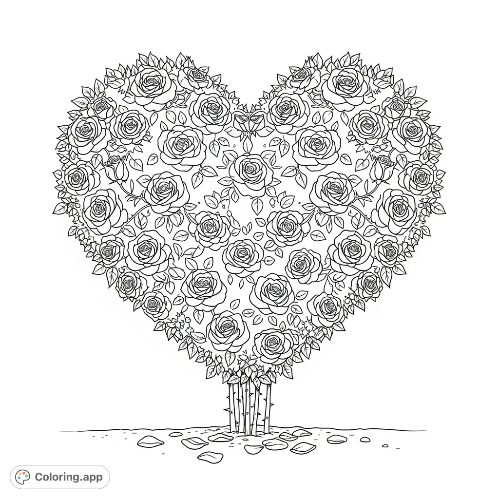 An intricate rose bush, meticulously trained into a heart shape, bursting with numerous detailed blooms, leaves, and thorns in a well-tended garden setting.