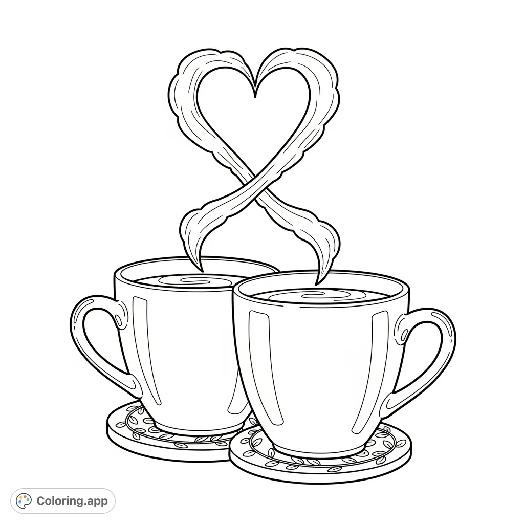 Two ceramic coffee mugs emit delicate steam that forms a perfect heart above them, resting on a floral coaster. A charming coffee mug coloring page.