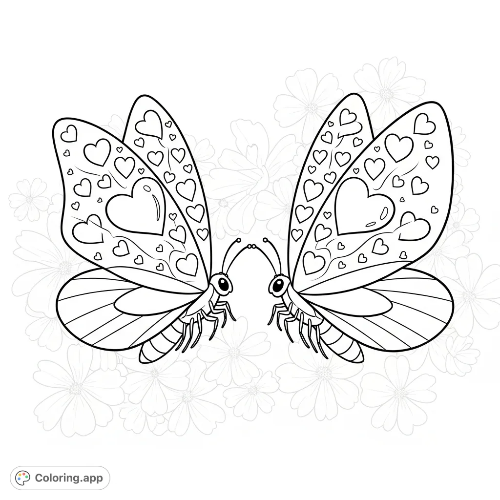 Discover a charming butterfly coloring page featuring two graceful butterflies with heart-patterned wings, hovering among blooming flowers.