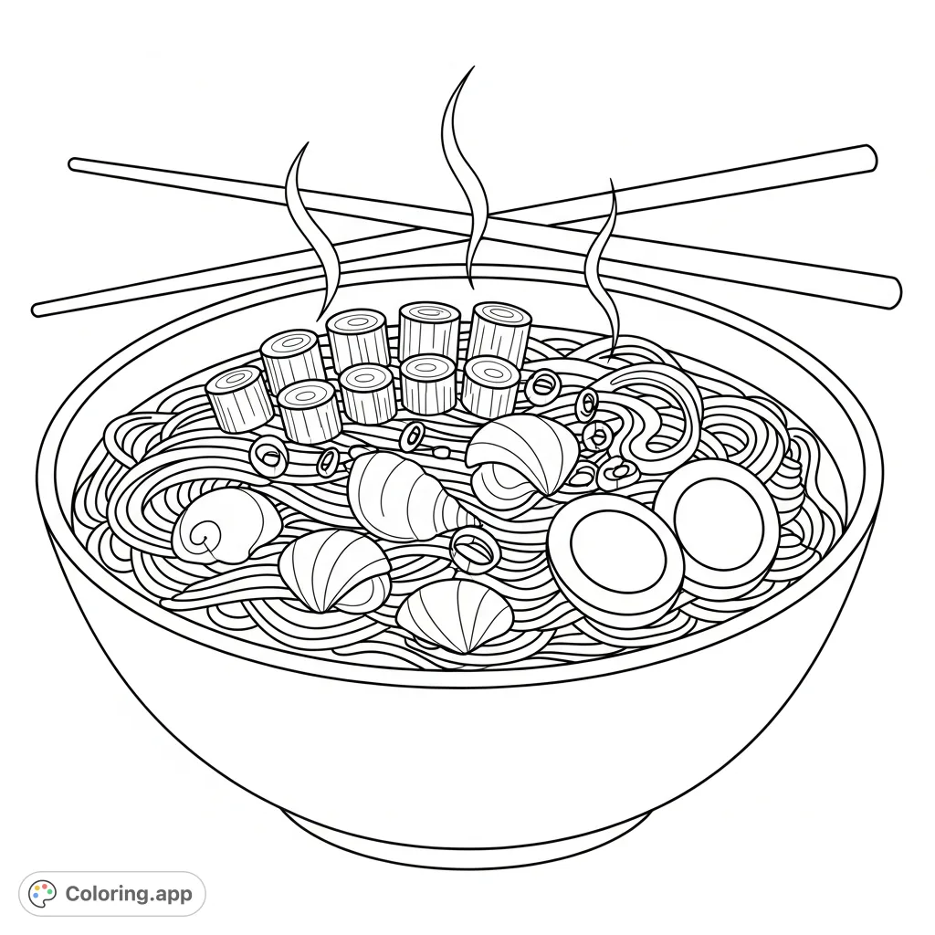 Indulge in this detailed hearty noodle bowl coloring page, featuring wavy noodles, delicate scallions, shrimp, and a halved egg. A free printable coloring page.