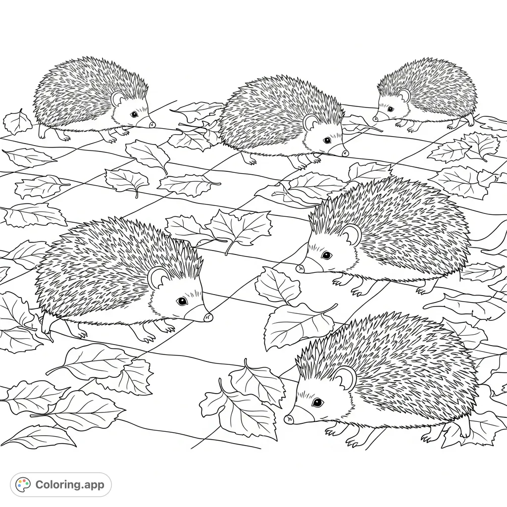 A unique hedgehog forest coloring page featuring identical hedgehogs ambling across a meticulously patterned checkerboard of fallen leaves, rich in texture and detail.