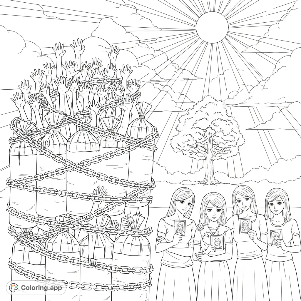 A profound adult coloring page depicting a symbolic scene of grief, resilience, and hope, with reaching hands, grieving mothers, and a sunrise.