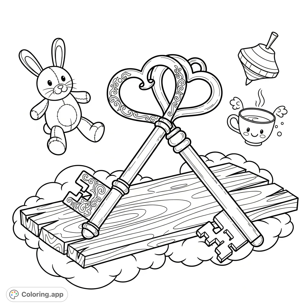 A heartwarming design featuring two intertwined keys forming a central heart, resting on a textured wooden surface. Perfect for expressing connection and love.