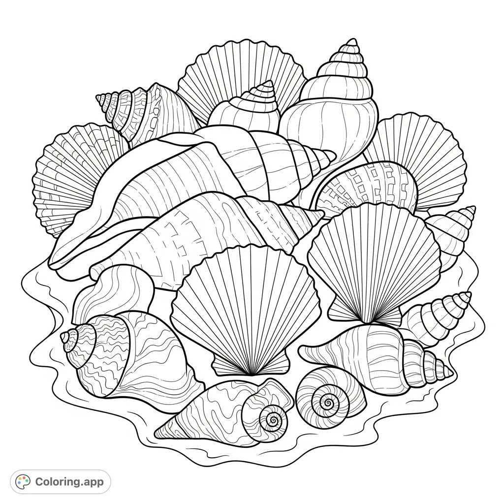 Discover a beautiful seashells coloring page featuring a rich collection of conch, scallop, and spiral shells. Explore intricate textures and natural patterns.