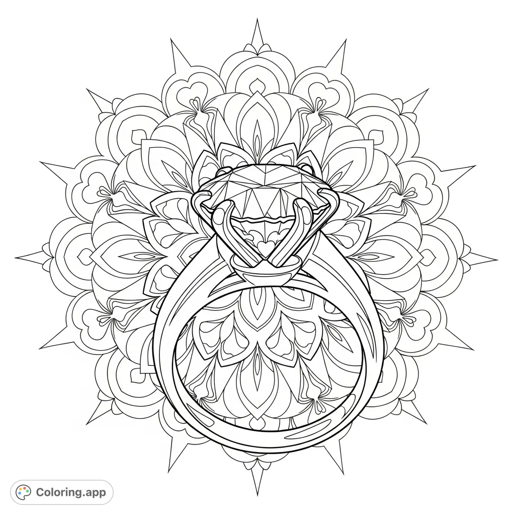 Discover a captivating jewelry ring centered within an intricate mandala of petals, hearts, and starbursts. A detailed design for creative coloring.