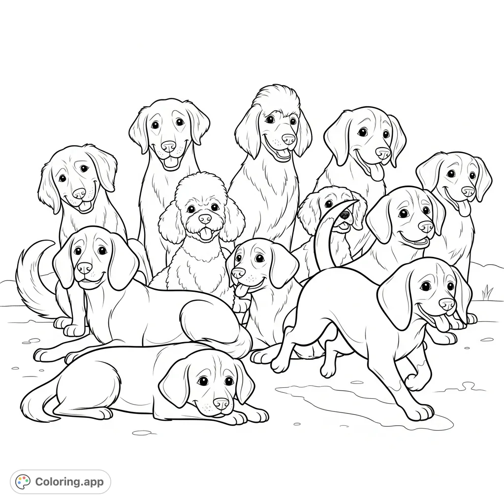 Discover a delightful array of friendly dogs in various playful poses, from sitting and trotting to resting, filling the frame with charming, gentle expressions.
