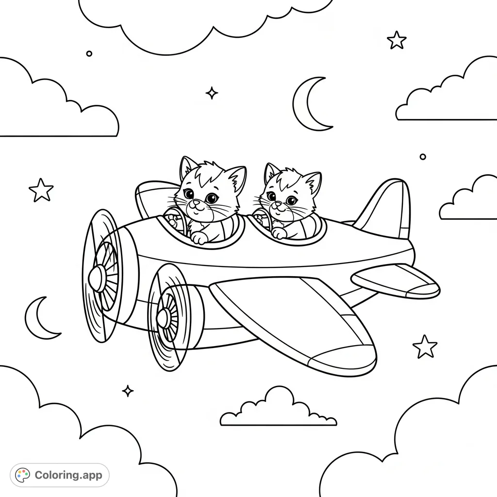 Discover an adorable kitten airplane coloring page! Two cute kittens fly a charming, two-cabin plane through a sky with clouds. Perfect for kids!