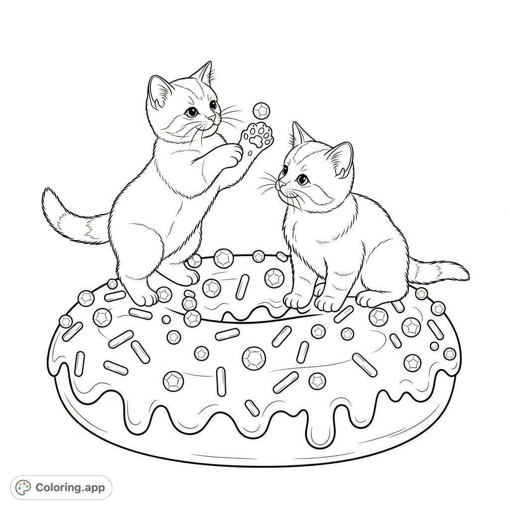 A delightful coloring page featuring two playful kittens exploring a massive donut covered in sweet glaze and sprinkles. A fun, whimsical scene for all ages!