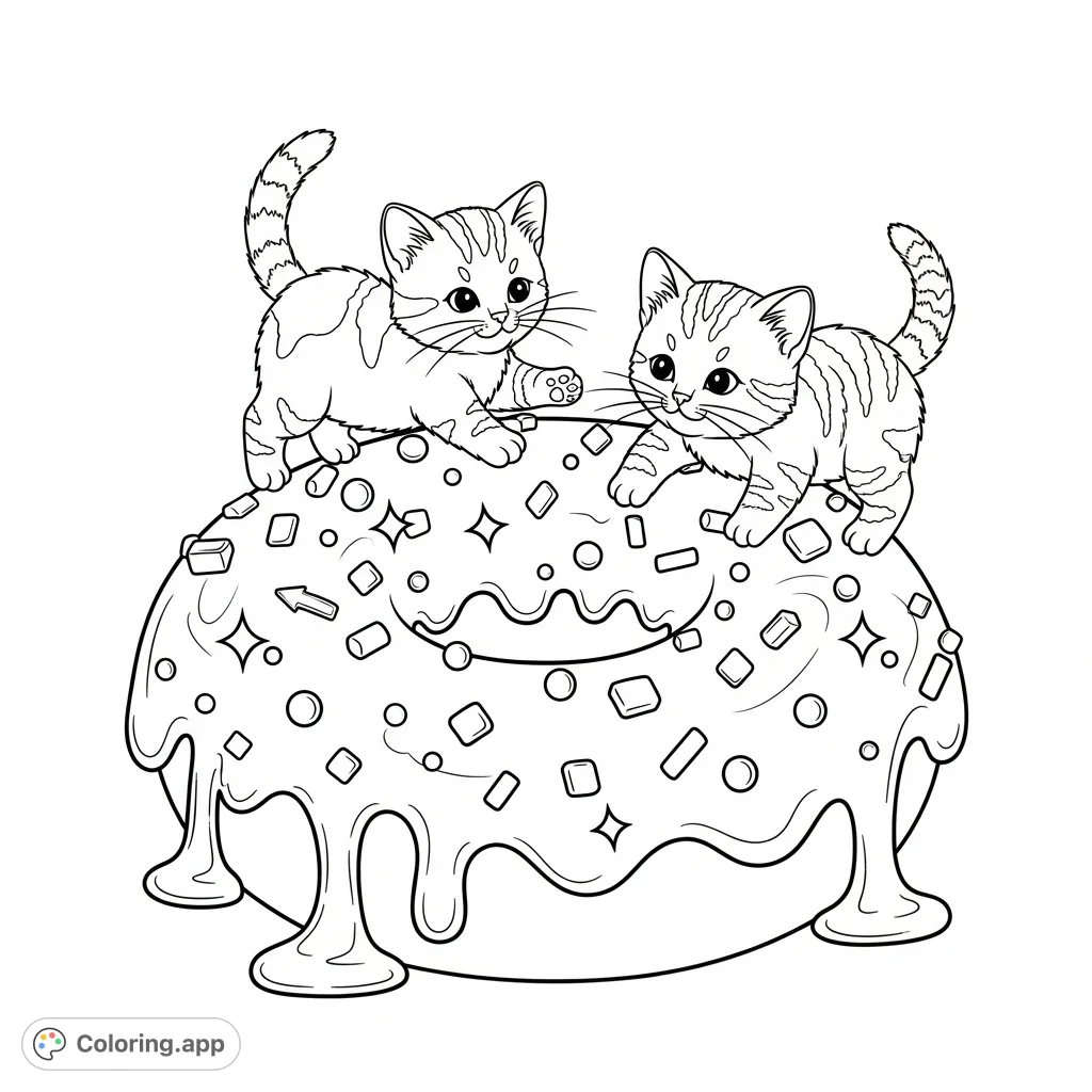 Discover two adorable kittens playing on a huge donut, adorned with melted topping and sparkly details. A sweet and charming coloring page for all ages.