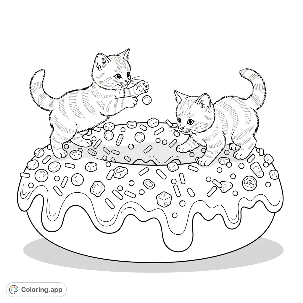 Adorable kittens playfully explore a colossal donut adorned with melted topping and sparkly details. A sweet, charming scene for delightful coloring!
