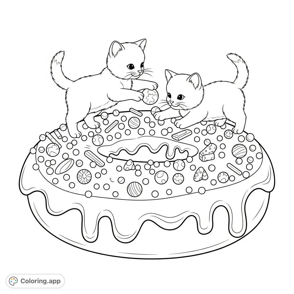 Adorable kitties playfully exploring a giant donut covered in melted topping and sparkling decorations. A sweet, whimsical scene for creative coloring fun!