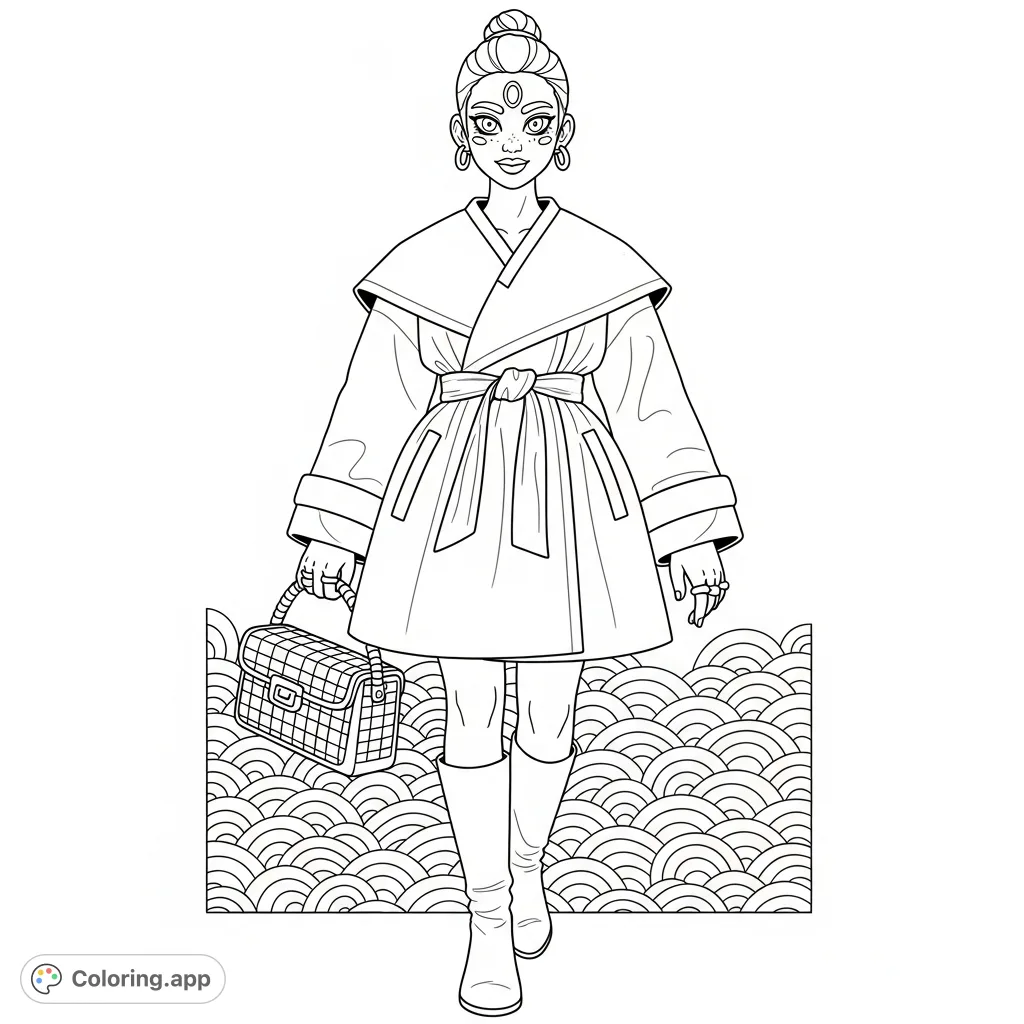 Capture a stylish Korean fashion figure in a dynamic pose, featuring a detailed coat, textured bag, and unique facial aesthetics. Perfect for fashion enthusiasts.