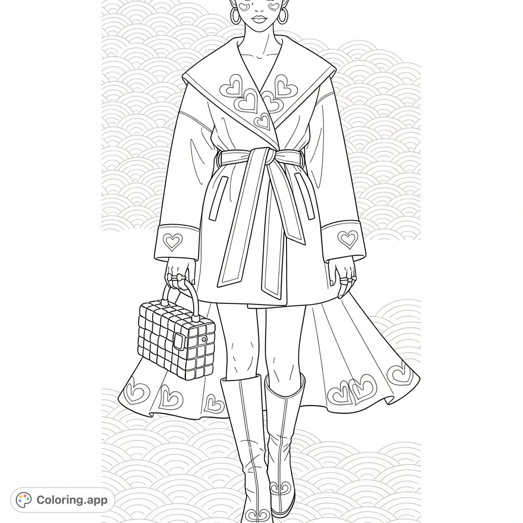 Capture modern elegance with this Korean fashion figure coloring page. Features a stylish coat with intricate trim, a textured bag, and chic boots.