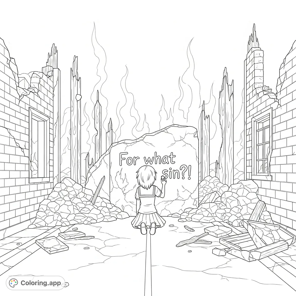 A powerful coloring page depicting a solitary girl painting a poignant message on a damaged wall amidst a street consumed by conflict and rubble. A scene of quiet defiance.