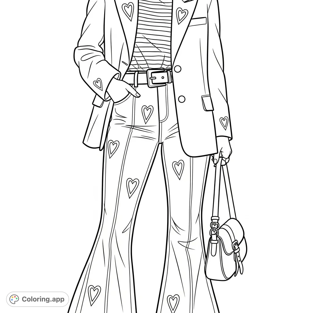 Explore contemporary style with this detailed coloring page featuring a person in a structured blazer, striped t-shirt, flared jeans, and a chic shoulder bag.