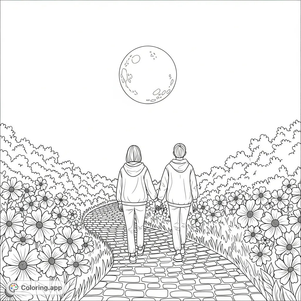 A serene night scene featuring two figures strolling hand-in-hand on a winding cobblestone path, surrounded by abundant flowers and greenery under a luminous full moon. This peaceful landscape coloring page offers a tranquil escape.
