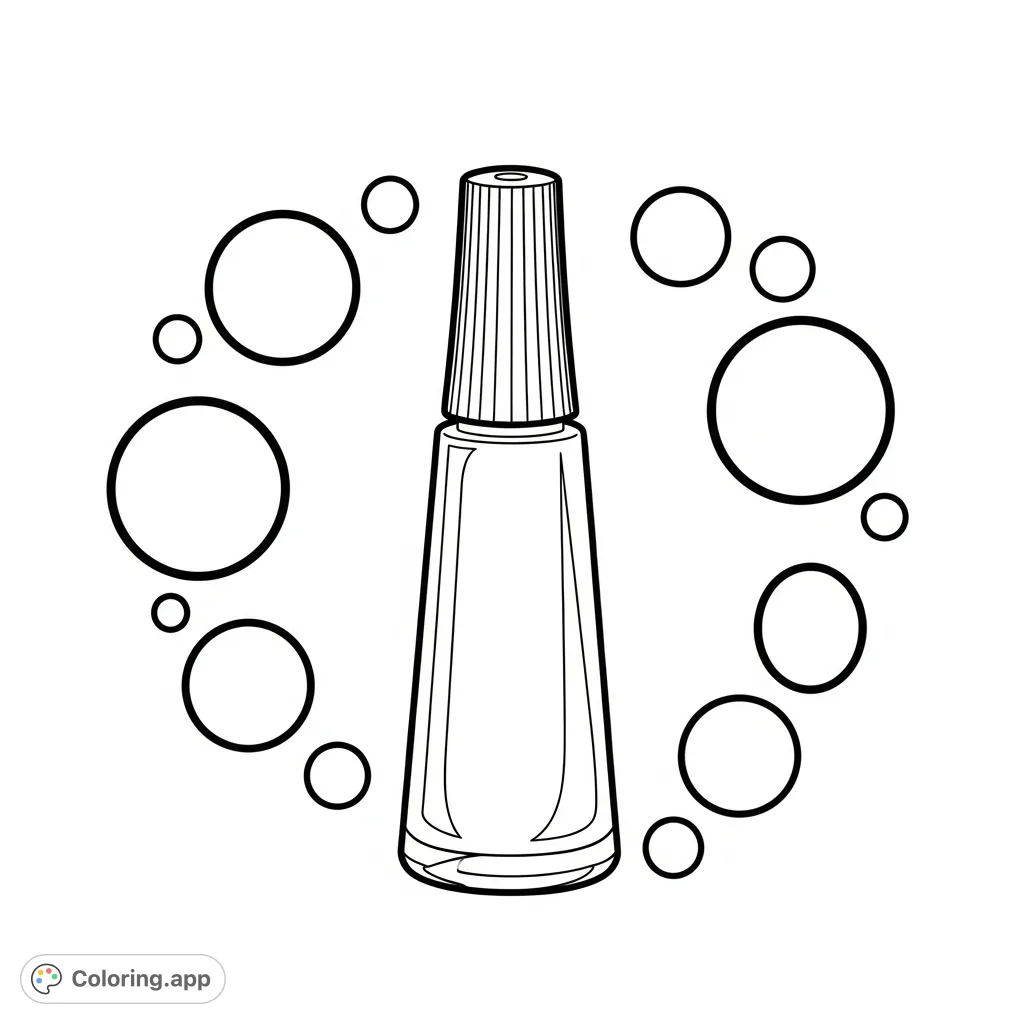 A chic nail polish bottle stands amidst perfectly circular shapes, offering a visually simple and engaging design for a fun and relaxing coloring experience.