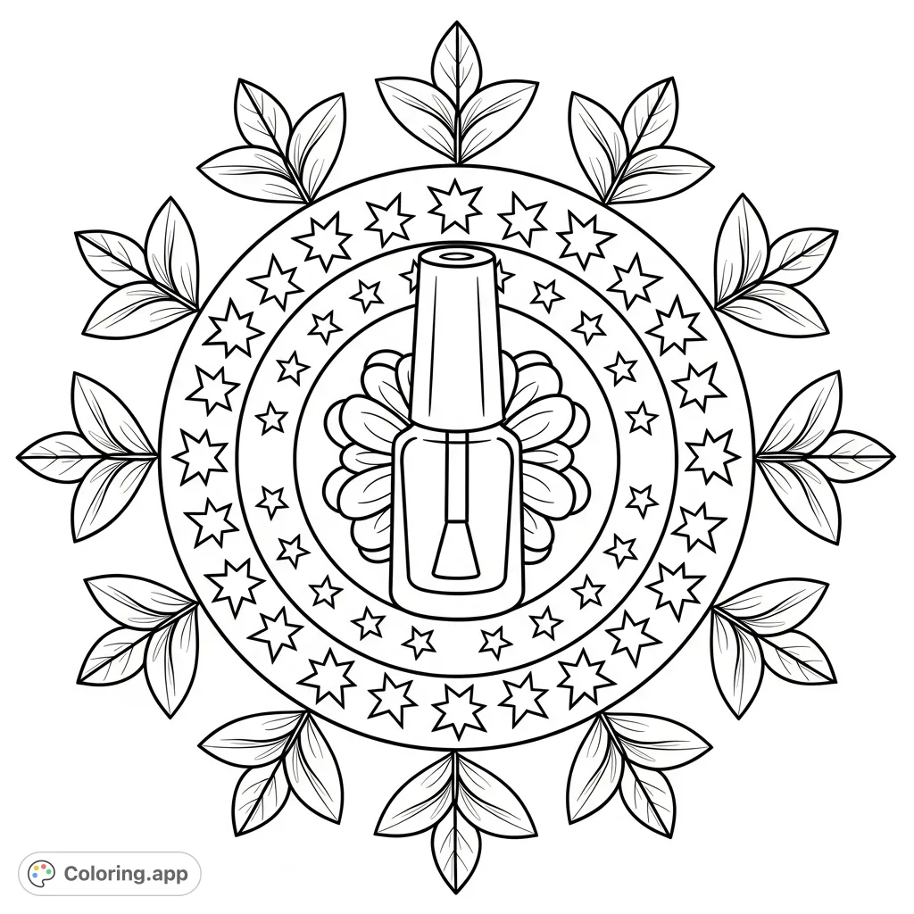 A charming nail polish bottle surrounded by a symmetrical radial pattern of delicate flowers, stars, and leaf outlines. A delightful design for creative coloring.
