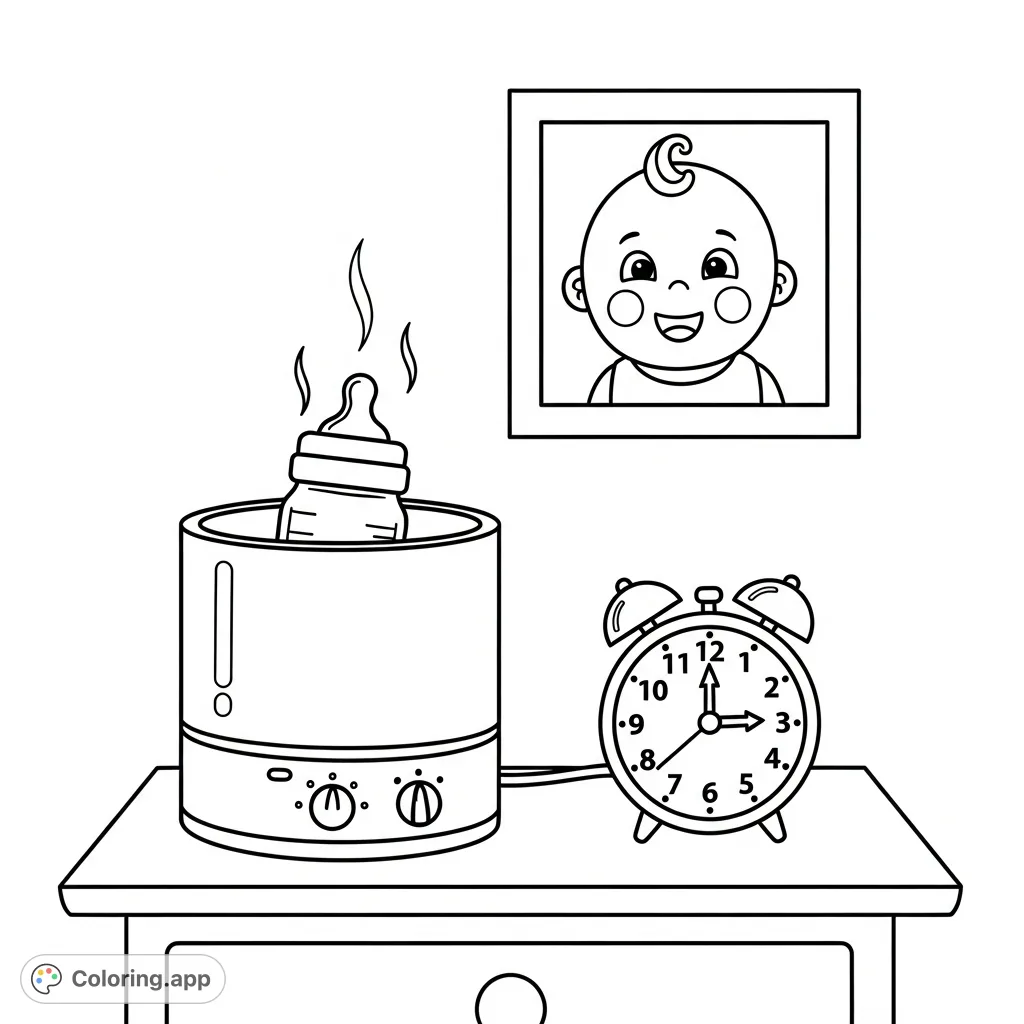 Discover a tranquil nursery scene with a bottle warmer, baby bottle, and an old-fashioned alarm clock on a bedside table. A framed picture of a happy baby adds warmth.